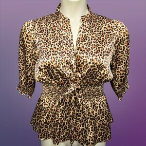 Y2K BCBG Satin Leopard Blouse Womens Size M Bow Tie V Neck Babydoll Top